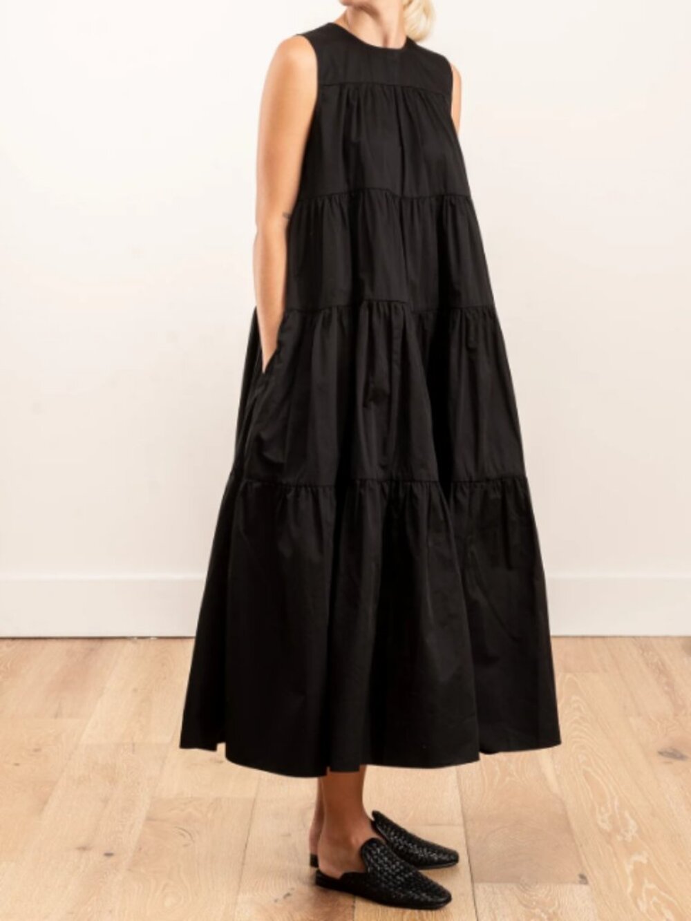 CO Essentials Black Sleeveless Tiered Cotton Poplin Midi Dress with Pockets SZ M